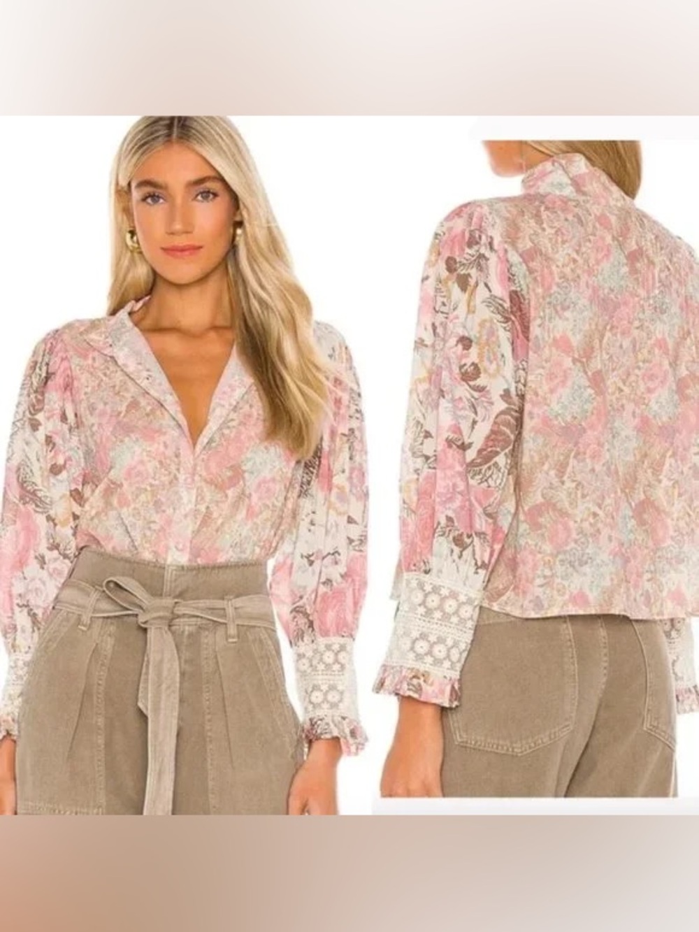 LoveShackFancy Pink, Cream and Brown Floral Blouse